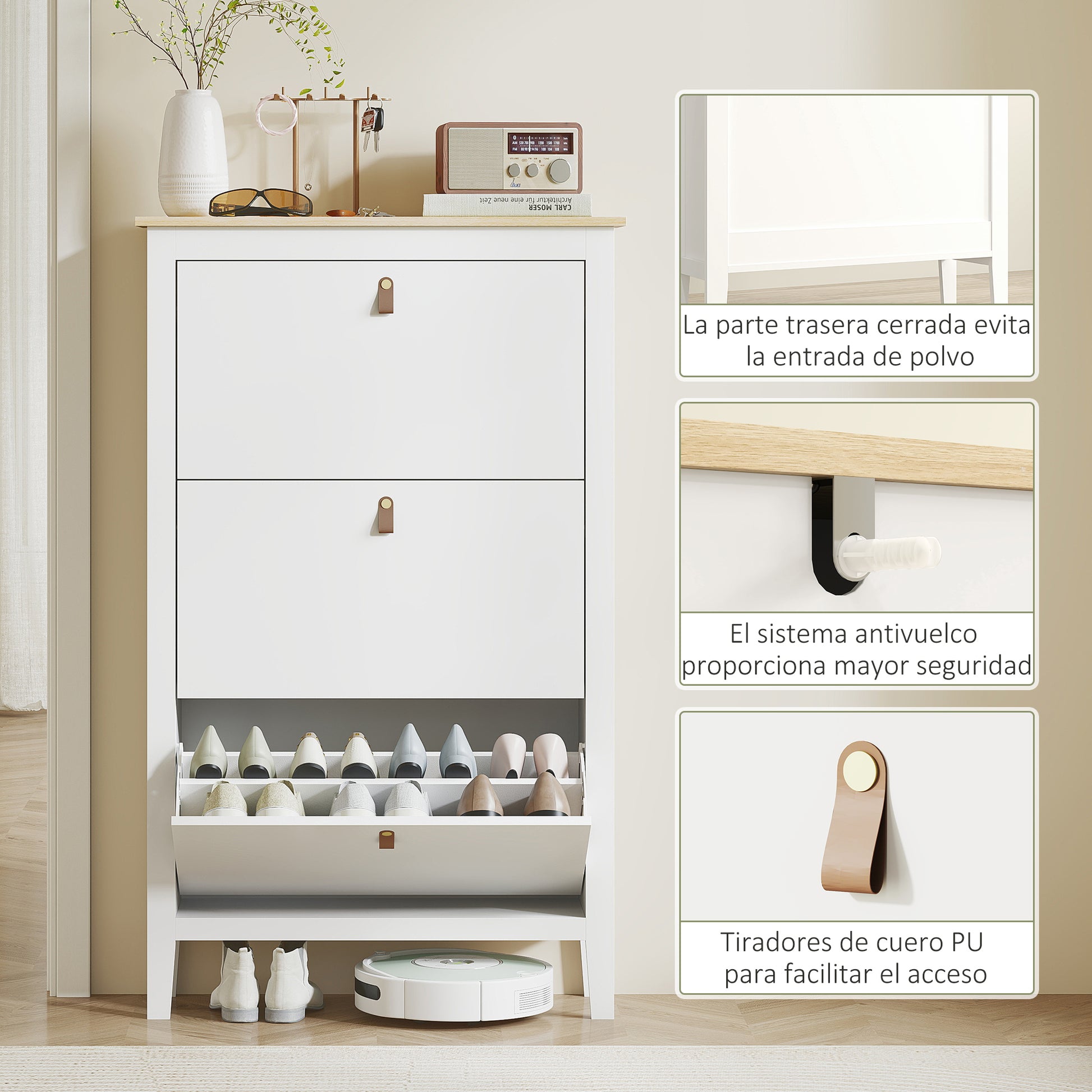 Narrow Shoe Cabinet Shoe Rack Entryway Hallway with 3 Foldable Drawers Adjustable Shelves and PU Handles for 21 Pairs of Shoes for Hallway 80x24x131 cm White