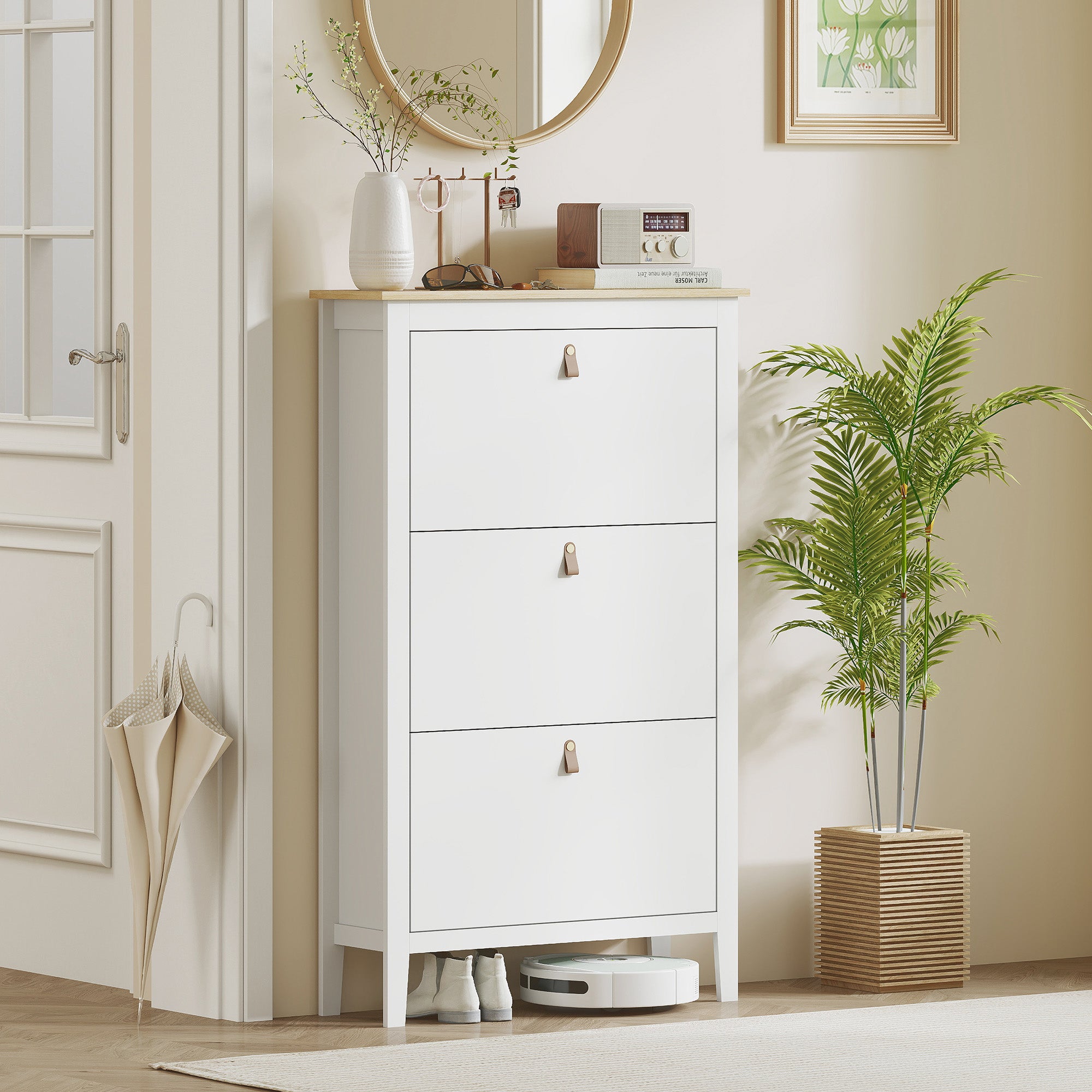 Narrow Shoe Cabinet Shoe Rack Entryway Hallway with 3 Foldable Drawers Adjustable Shelves and PU Handles for 21 Pairs of Shoes for Hallway 80x24x131 cm White