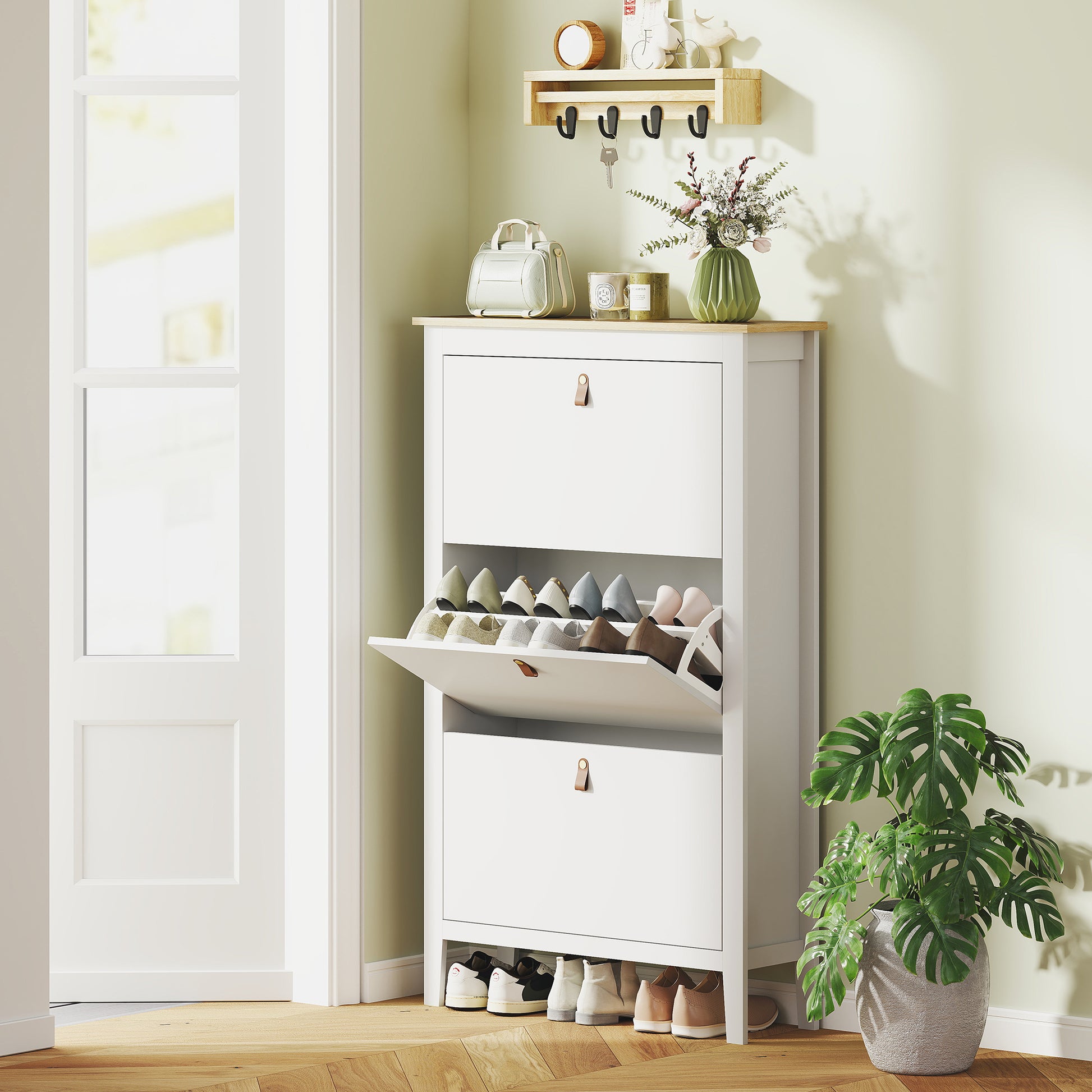 Narrow Shoe Cabinet Shoe Rack Entryway Hallway with 3 Foldable Drawers Adjustable Shelves and PU Handles for 21 Pairs of Shoes for Hallway 80x24x131 cm White