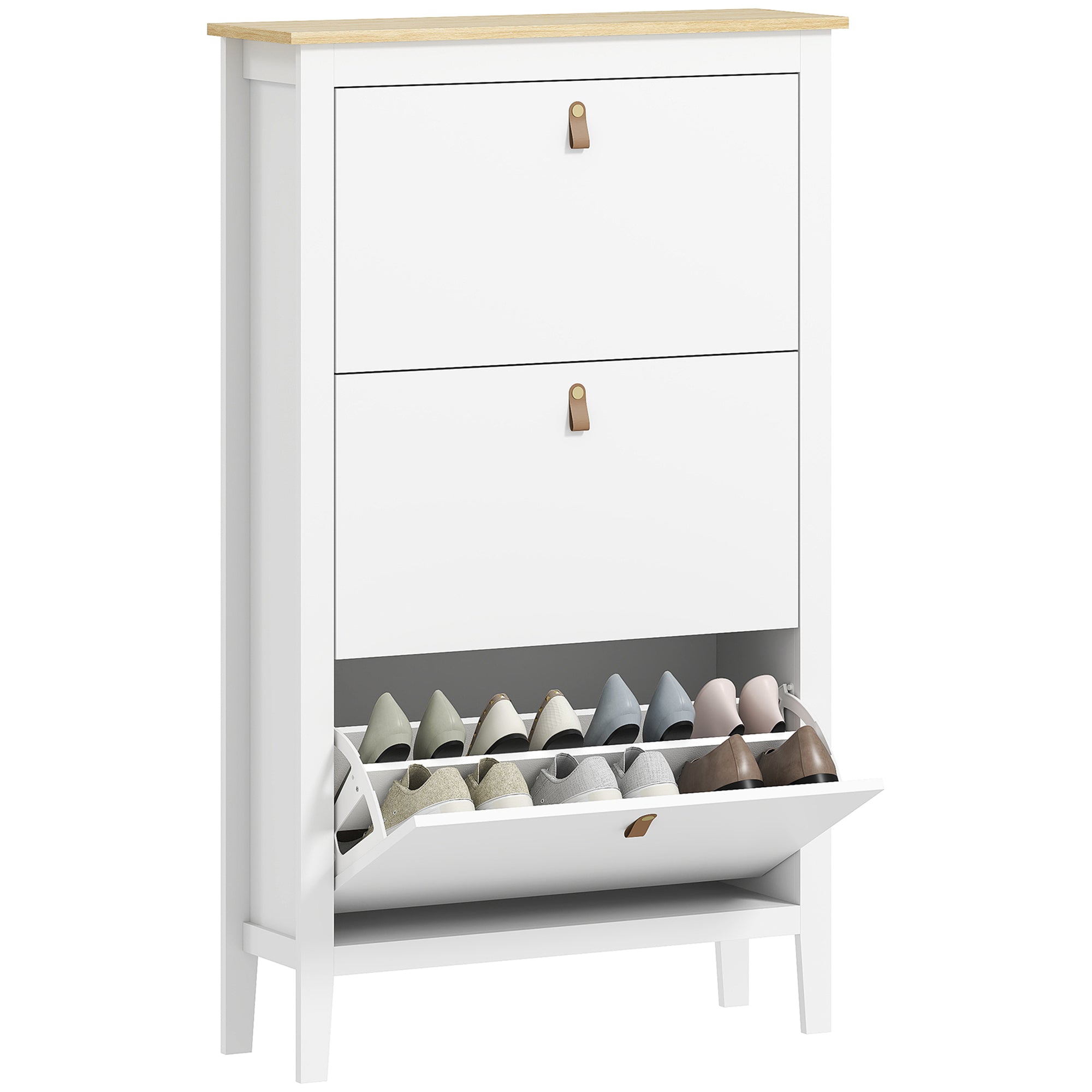 Narrow Shoe Cabinet Shoe Rack Entryway Hallway with 3 Foldable Drawers Adjustable Shelves and PU Handles for 21 Pairs of Shoes for Hallway 80x24x131 cm White