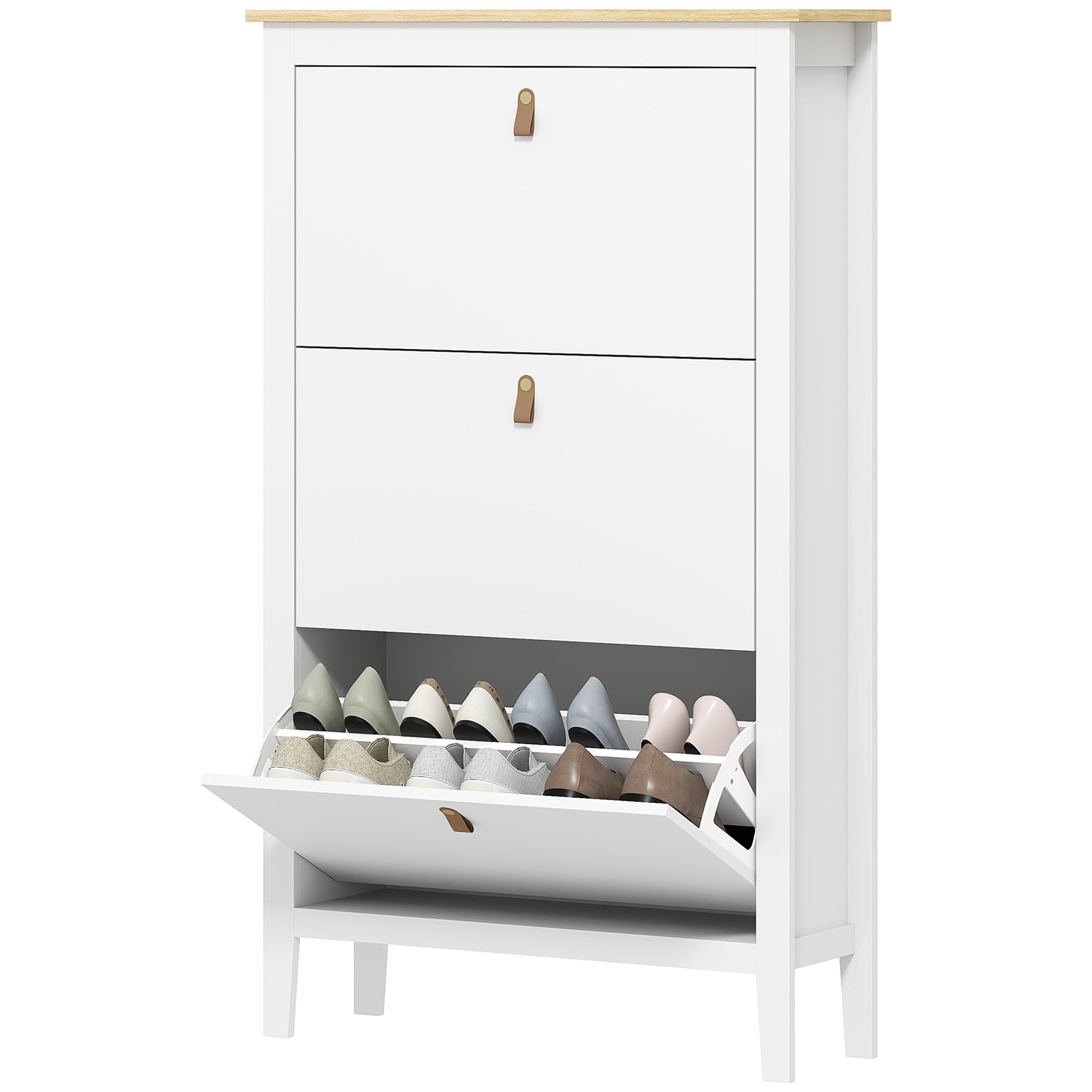 Narrow Shoe Cabinet Shoe Rack Entryway Hallway with 3 Foldable Drawers Adjustable Shelves and PU Handles for 21 Pairs of Shoes for Hallway 80x24x131 cm White