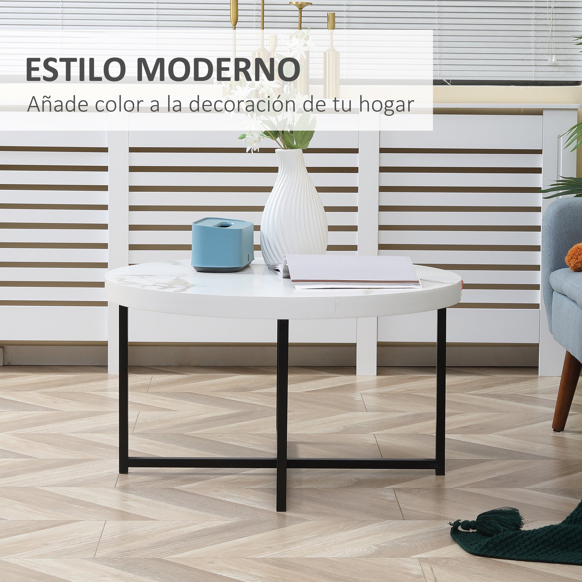 Round Coffee Table with Faux Marble Top and Metal Frame for Office Bedroom Dining Room Modern Style 80x80x45 cm White