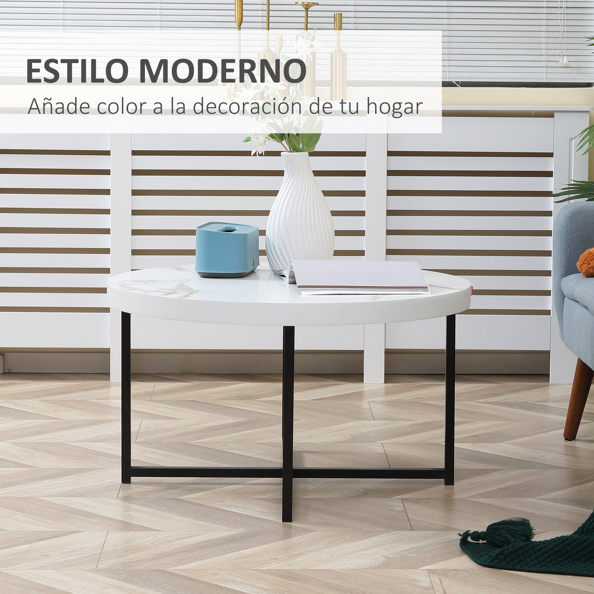 Round Coffee Table with Faux Marble Top and Metal Frame for Office Bedroom Dining Room Modern Style 80x80x45 cm White