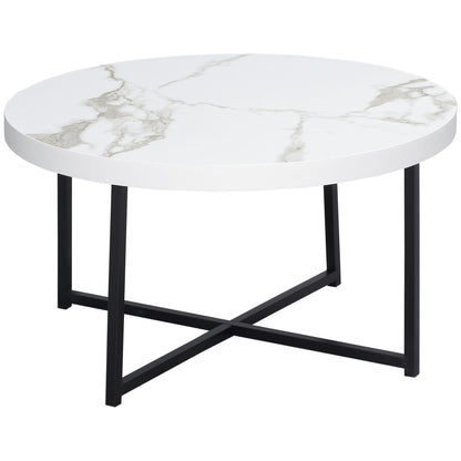 Round Coffee Table with Faux Marble Top and Metal Frame for Office Bedroom Dining Room Modern Style 80x80x45 cm White