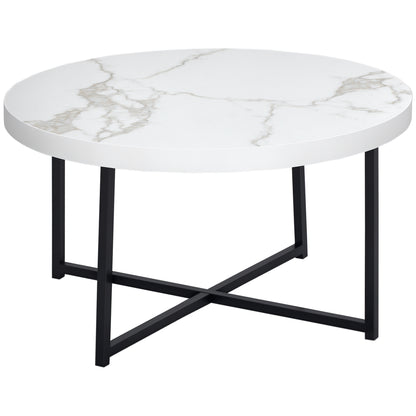 Round Coffee Table with Faux Marble Top and Metal Frame for Office Bedroom Dining Room Modern Style 80x80x45 cm White