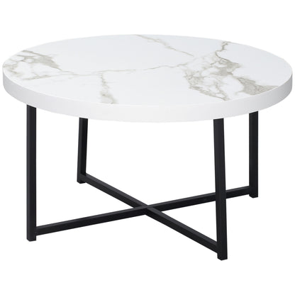 Round Coffee Table with Faux Marble Top and Metal Frame for Office Bedroom Dining Room Modern Style 80x80x45 cm White