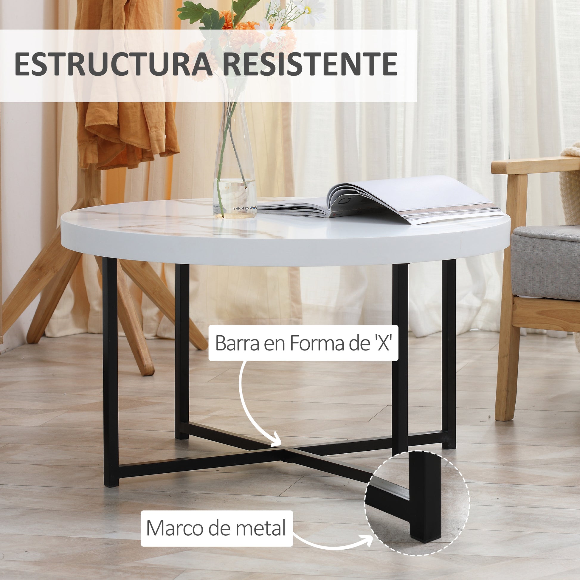 Round Coffee Table with Faux Marble Top and Metal Frame for Office Bedroom Dining Room Modern Style 80x80x45 cm White