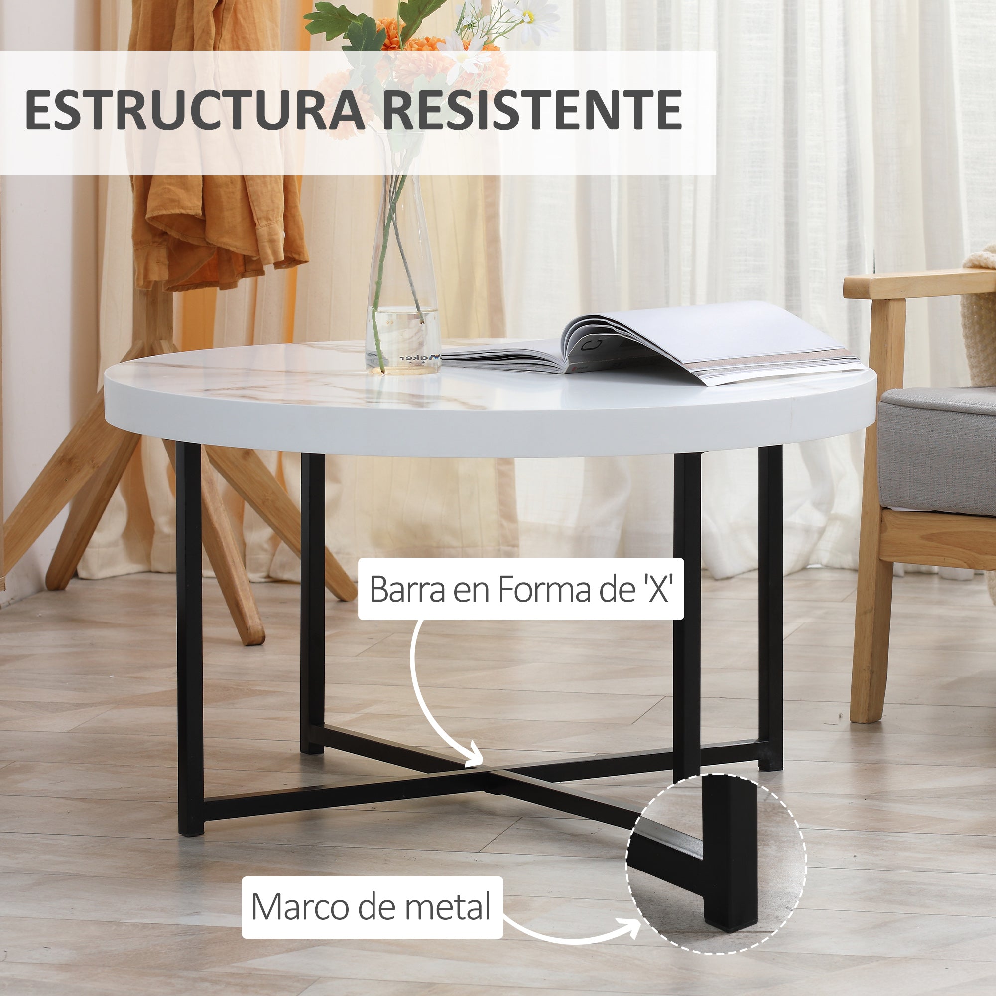 Round Coffee Table with Faux Marble Top and Metal Frame for Office Bedroom Dining Room Modern Style 80x80x45 cm White