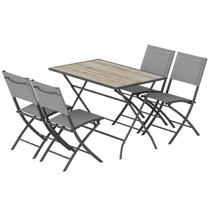 5-Piece Folding Garden Dining Set – Gray Wood-Look Table with 4 Breathable Mesh Chairs, Space-Saving Weather-Resistant Patio Set