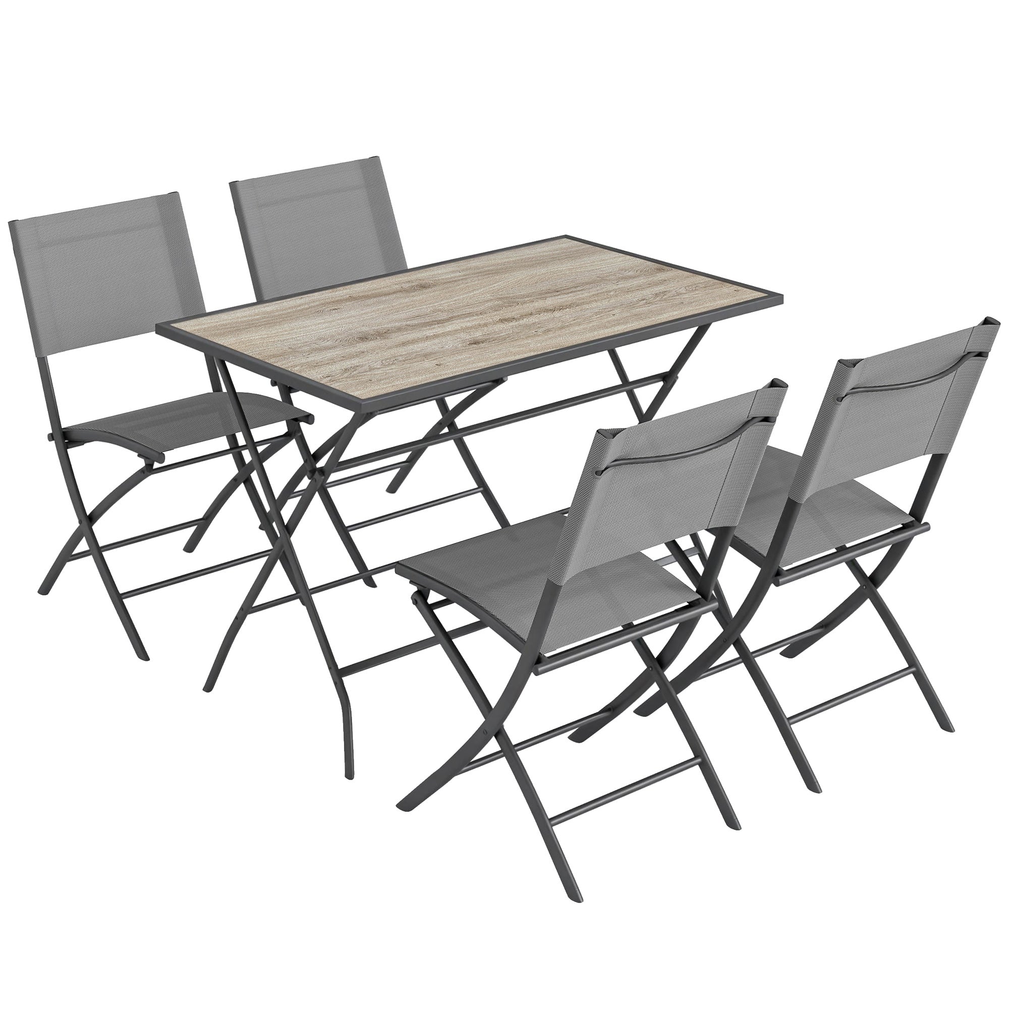 5-Piece Folding Garden Dining Set – Gray Wood-Look Table with 4 Breathable Mesh Chairs, Space-Saving Weather-Resistant Patio Set
