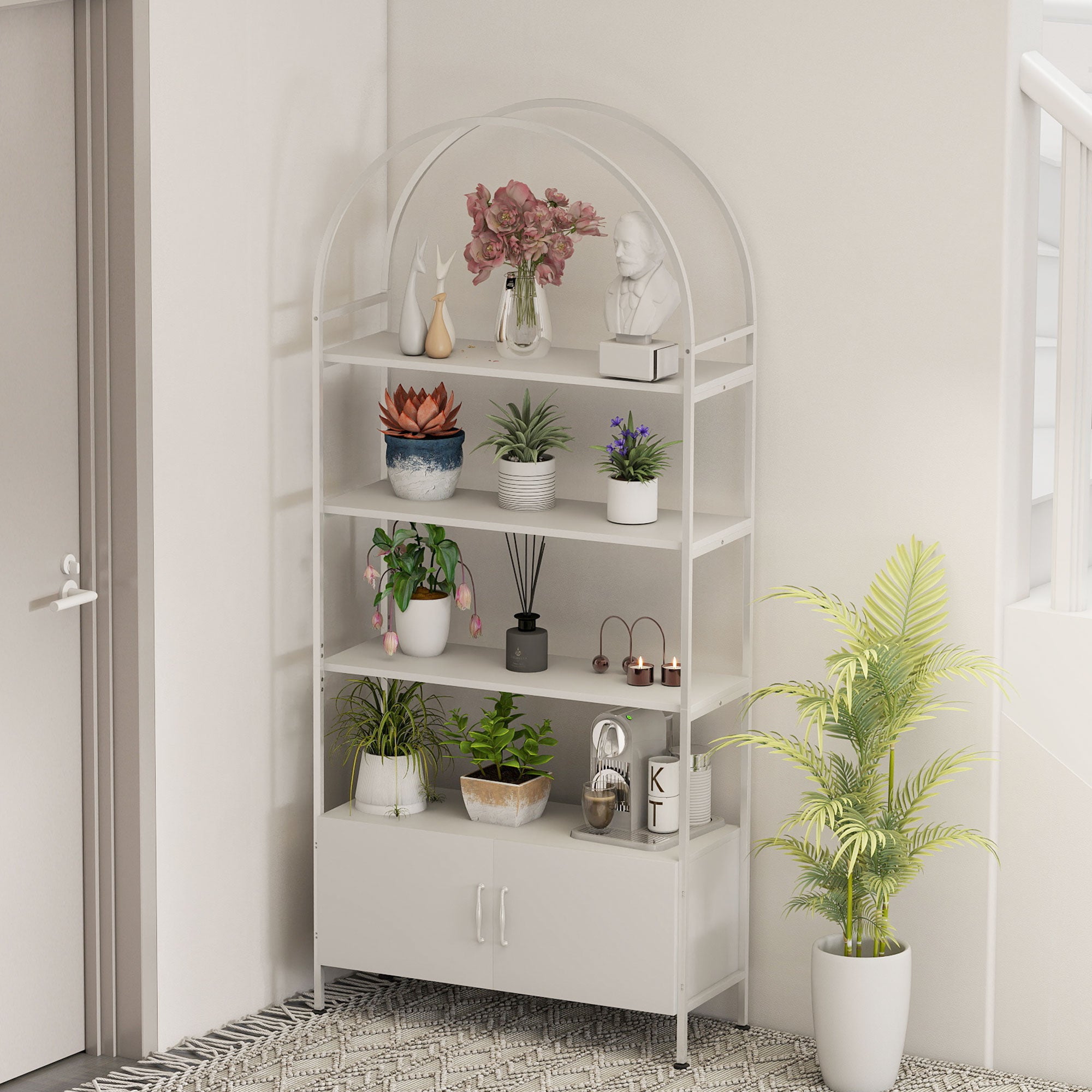 4-Tier Arched Storage Shelf with Double-Door Cabinet, Adjustable Feet, Steel Frame, for Office, Living Room, Bedroom — 80 x 30 x 187 cm (31.5 x 11.8 x 73.6 in), White