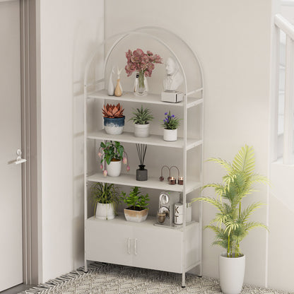 4-Tier Arched Storage Shelf with Double-Door Cabinet, Adjustable Feet, Steel Frame, for Office, Living Room, Bedroom — 80 x 30 x 187 cm (31.5 x 11.8 x 73.6 in), White