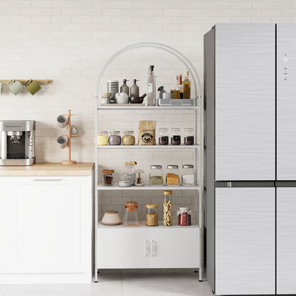 4-Tier Arched Storage Shelf with Double-Door Cabinet, Adjustable Feet, Steel Frame, for Office, Living Room, Bedroom — 80 x 30 x 187 cm (31.5 x 11.8 x 73.6 in), White