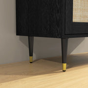 Bohemian Design Kitchen Buffet Storage Cabinet with Double Doors, 2 Levels, Rattan Front 80 x 38 x 79 cm Black