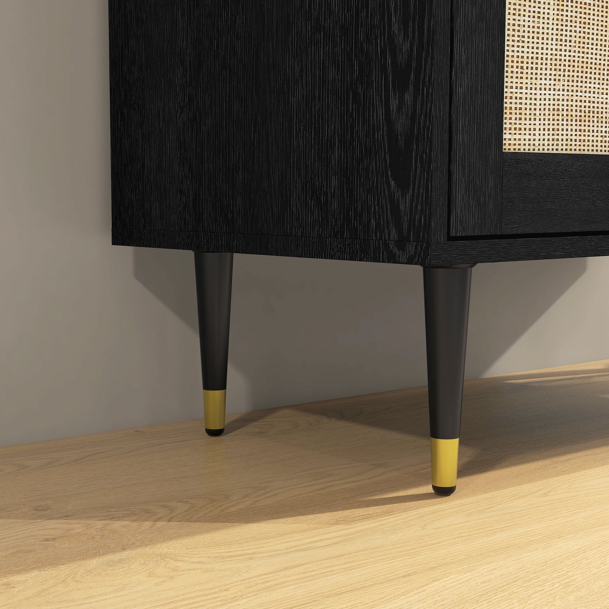 Bohemian Design Kitchen Buffet Storage Cabinet with Double Doors, 2 Levels, Rattan Front 80 x 38 x 79 cm Black