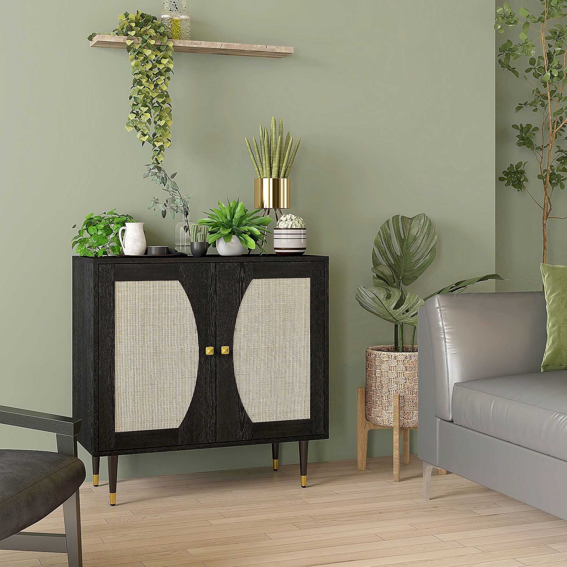 Bohemian Design Kitchen Buffet Storage Cabinet with Double Doors, 2 Levels, Rattan Front 80 x 38 x 79 cm Black