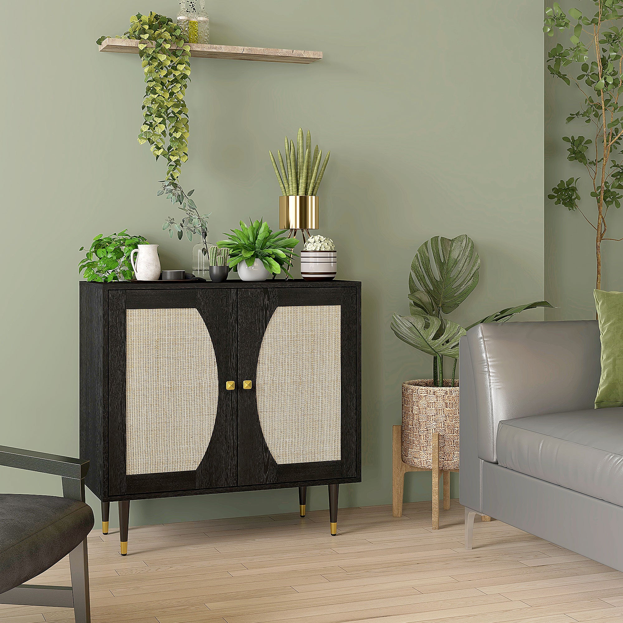Bohemian Design Kitchen Buffet Storage Cabinet with Double Doors, 2 Levels, Rattan Front 80 x 38 x 79 cm Black