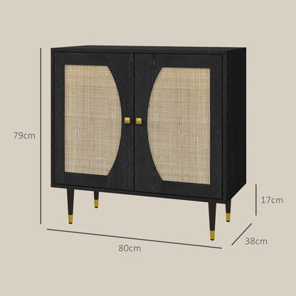 Bohemian Design Kitchen Buffet Storage Cabinet with Double Doors, 2 Levels, Rattan Front 80 x 38 x 79 cm Black