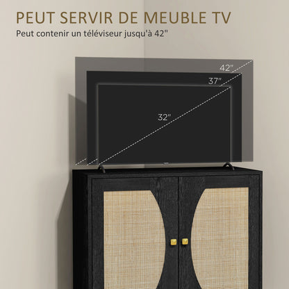 Bohemian Design Kitchen Buffet Storage Cabinet with Double Doors, 2 Levels, Rattan Front 80 x 38 x 79 cm Black