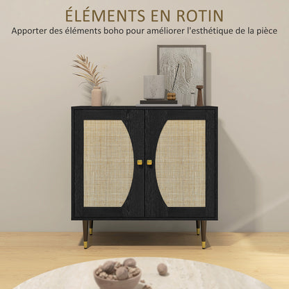 Bohemian Design Kitchen Buffet Storage Cabinet with Double Doors, 2 Levels, Rattan Front 80 x 38 x 79 cm Black