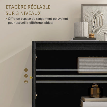 Bohemian Design Kitchen Buffet Storage Cabinet with Double Doors, 2 Levels, Rattan Front 80 x 38 x 79 cm Black