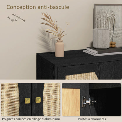 Bohemian Design Kitchen Buffet Storage Cabinet with Double Doors, 2 Levels, Rattan Front 80 x 38 x 79 cm Black