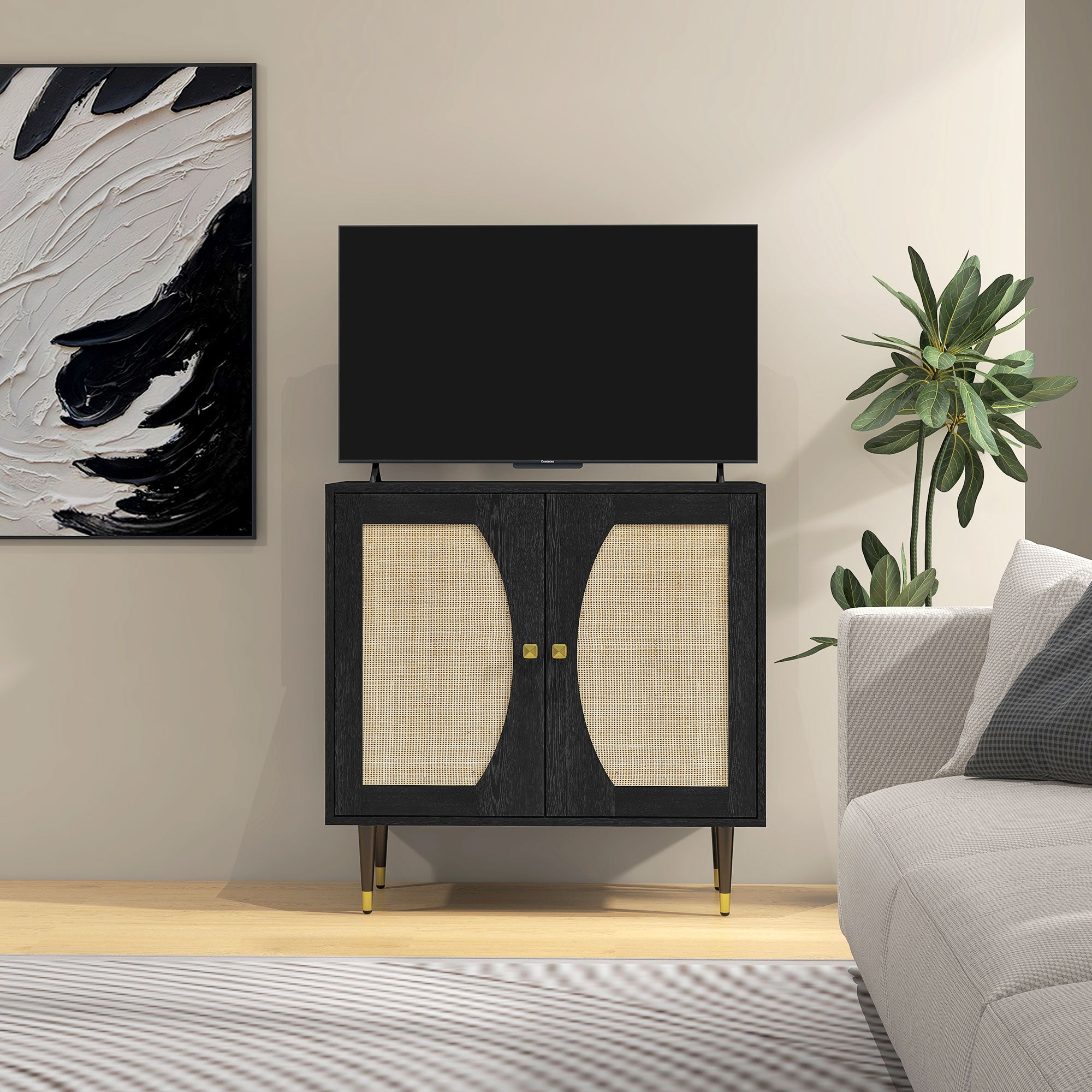 Bohemian Design Kitchen Buffet Storage Cabinet with Double Doors, 2 Levels, Rattan Front 80 x 38 x 79 cm Black