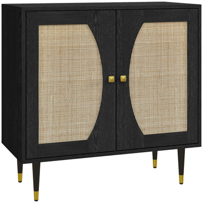 Bohemian Design Kitchen Buffet Storage Cabinet with Double Doors, 2 Levels, Rattan Front 80 x 38 x 79 cm Black