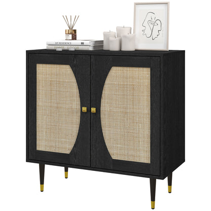 Bohemian Design Kitchen Buffet Storage Cabinet with Double Doors, 2 Levels, Rattan Front 80 x 38 x 79 cm Black