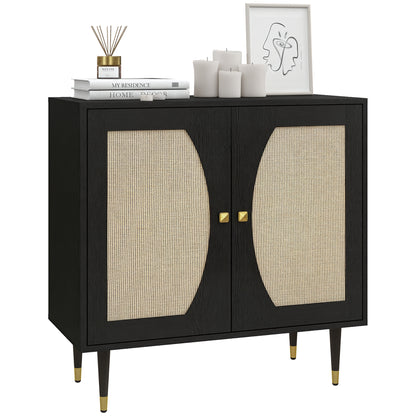 Bohemian Design Kitchen Buffet Storage Cabinet with Double Doors, 2 Levels, Rattan Front 80 x 38 x 79 cm Black