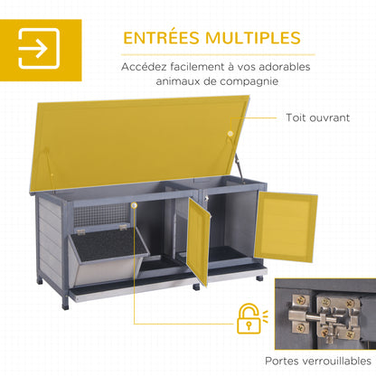 Raised Rabbit Hutch with Opening Bitumen Roof, 2 Lockable Doors, 2 Sliding Droppings Trays, Feeder, Fir Wood Treated, dim. 112L x 50W x 54H cm Gray and Black