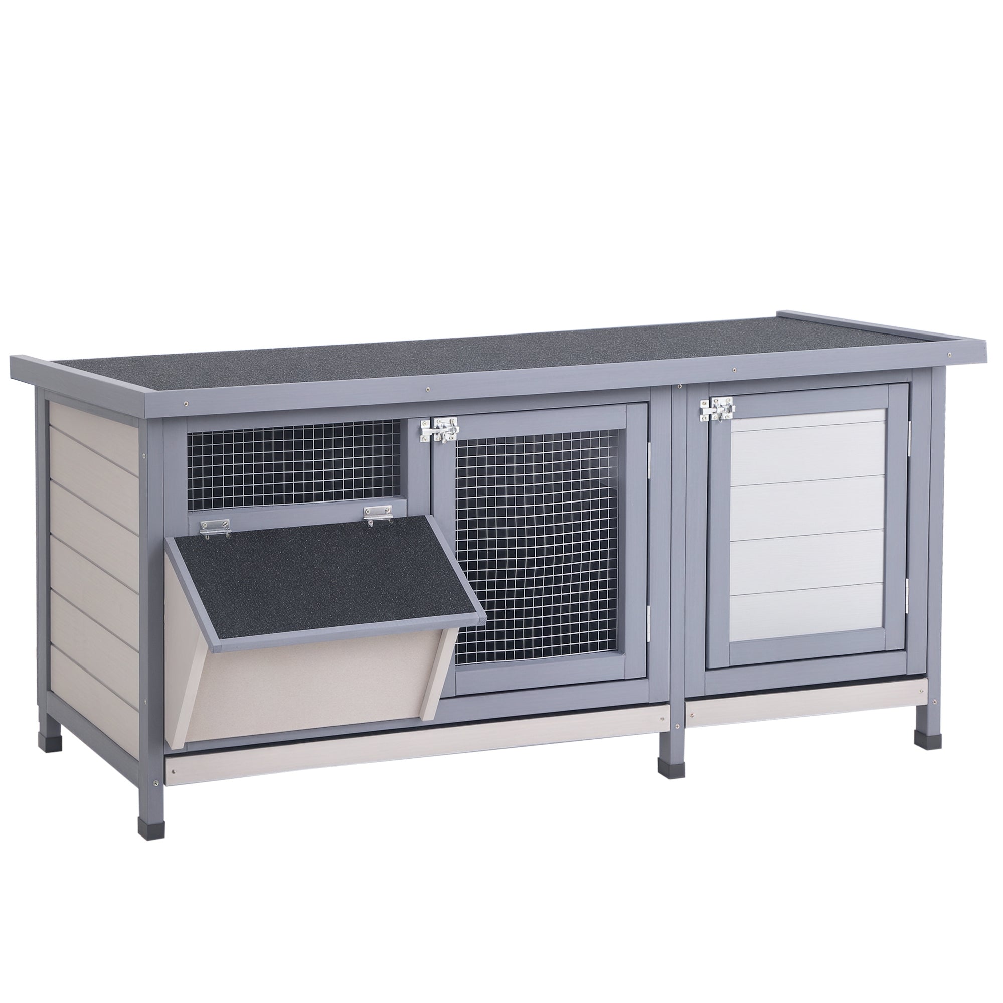 Raised Rabbit Hutch with Opening Bitumen Roof, 2 Lockable Doors, 2 Sliding Droppings Trays, Feeder, Fir Wood Treated, dim. 112L x 50W x 54H cm Gray and Black