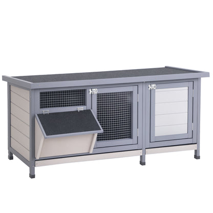 Raised Rabbit Hutch with Opening Bitumen Roof, 2 Lockable Doors, 2 Sliding Droppings Trays, Feeder, Fir Wood Treated, dim. 112L x 50W x 54H cm Gray and Black