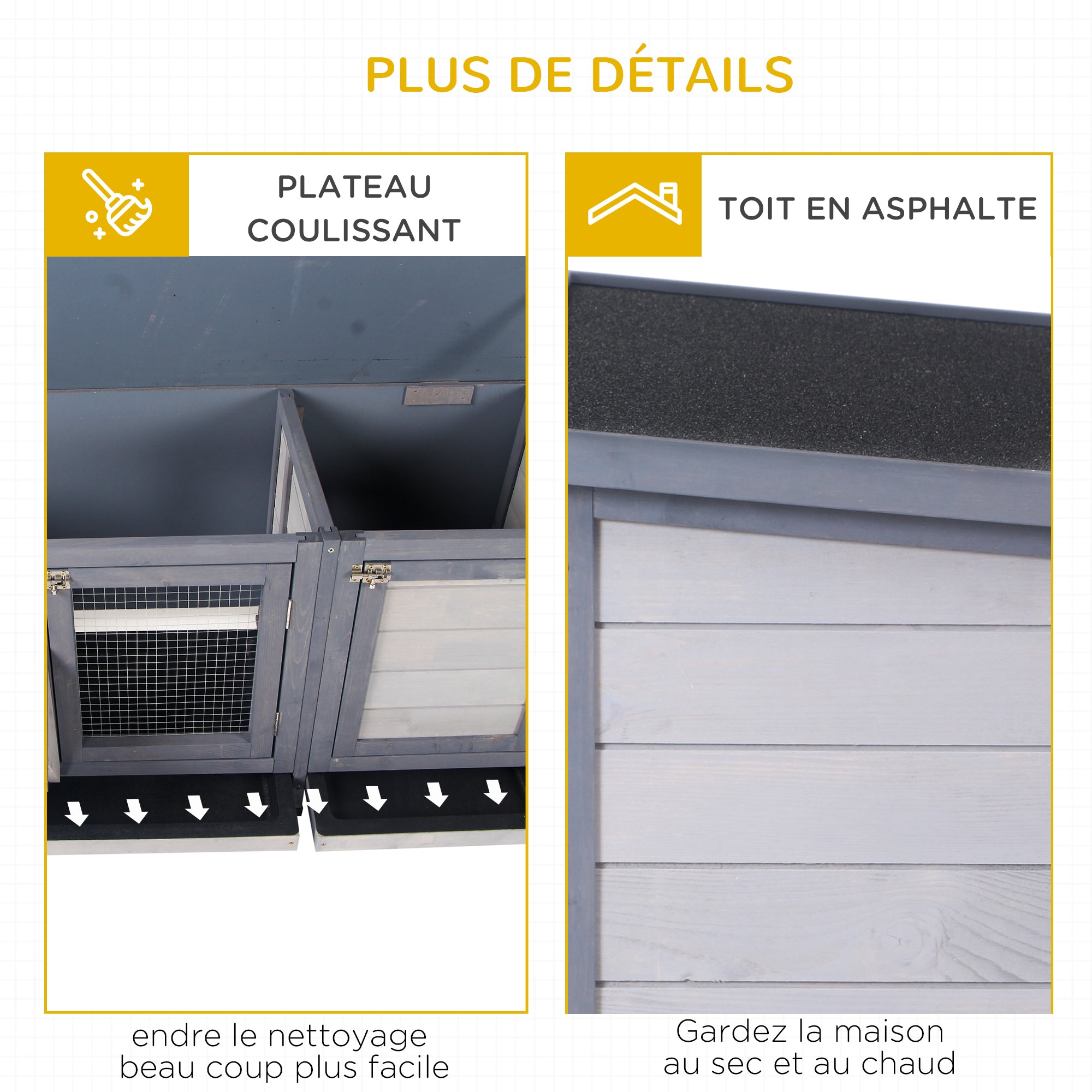 Raised Rabbit Hutch with Opening Bitumen Roof, 2 Lockable Doors, 2 Sliding Droppings Trays, Feeder, Fir Wood Treated, dim. 112L x 50W x 54H cm Gray and Black