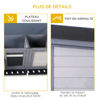 Raised Rabbit Hutch with Opening Bitumen Roof, 2 Lockable Doors, 2 Sliding Droppings Trays, Feeder, Fir Wood Treated, dim. 112L x 50W x 54H cm Gray and Black