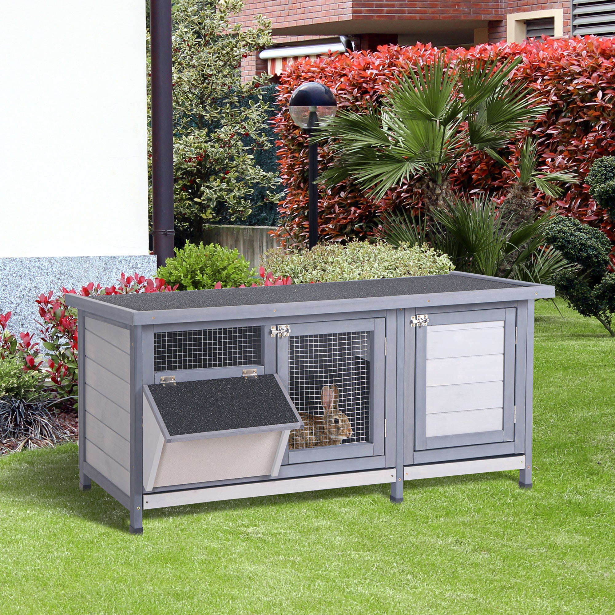 Raised Rabbit Hutch with Opening Bitumen Roof, 2 Lockable Doors, 2 Sliding Droppings Trays, Feeder, Fir Wood Treated, dim. 112L x 50W x 54H cm Gray and Black