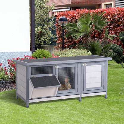 Raised Rabbit Hutch with Opening Bitumen Roof, 2 Lockable Doors, 2 Sliding Droppings Trays, Feeder, Fir Wood Treated, dim. 112L x 50W x 54H cm Gray and Black