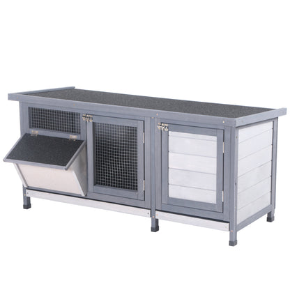 Raised Rabbit Hutch with Opening Bitumen Roof, 2 Lockable Doors, 2 Sliding Droppings Trays, Feeder, Fir Wood Treated, dim. 112L x 50W x 54H cm Gray and Black