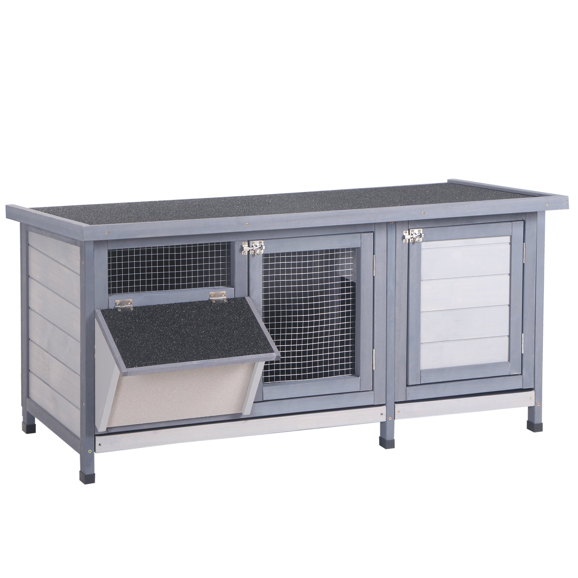 Raised Rabbit Hutch with Opening Bitumen Roof, 2 Lockable Doors, 2 Sliding Droppings Trays, Feeder, Fir Wood Treated, dim. 112L x 50W x 54H cm Gray and Black