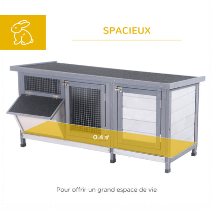 Raised Rabbit Hutch with Opening Bitumen Roof, 2 Lockable Doors, 2 Sliding Droppings Trays, Feeder, Fir Wood Treated, dim. 112L x 50W x 54H cm Gray and Black