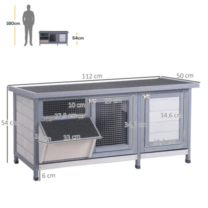 Raised Rabbit Hutch with Opening Bitumen Roof, 2 Lockable Doors, 2 Sliding Droppings Trays, Feeder, Fir Wood Treated, dim. 112L x 50W x 54H cm Gray and Black