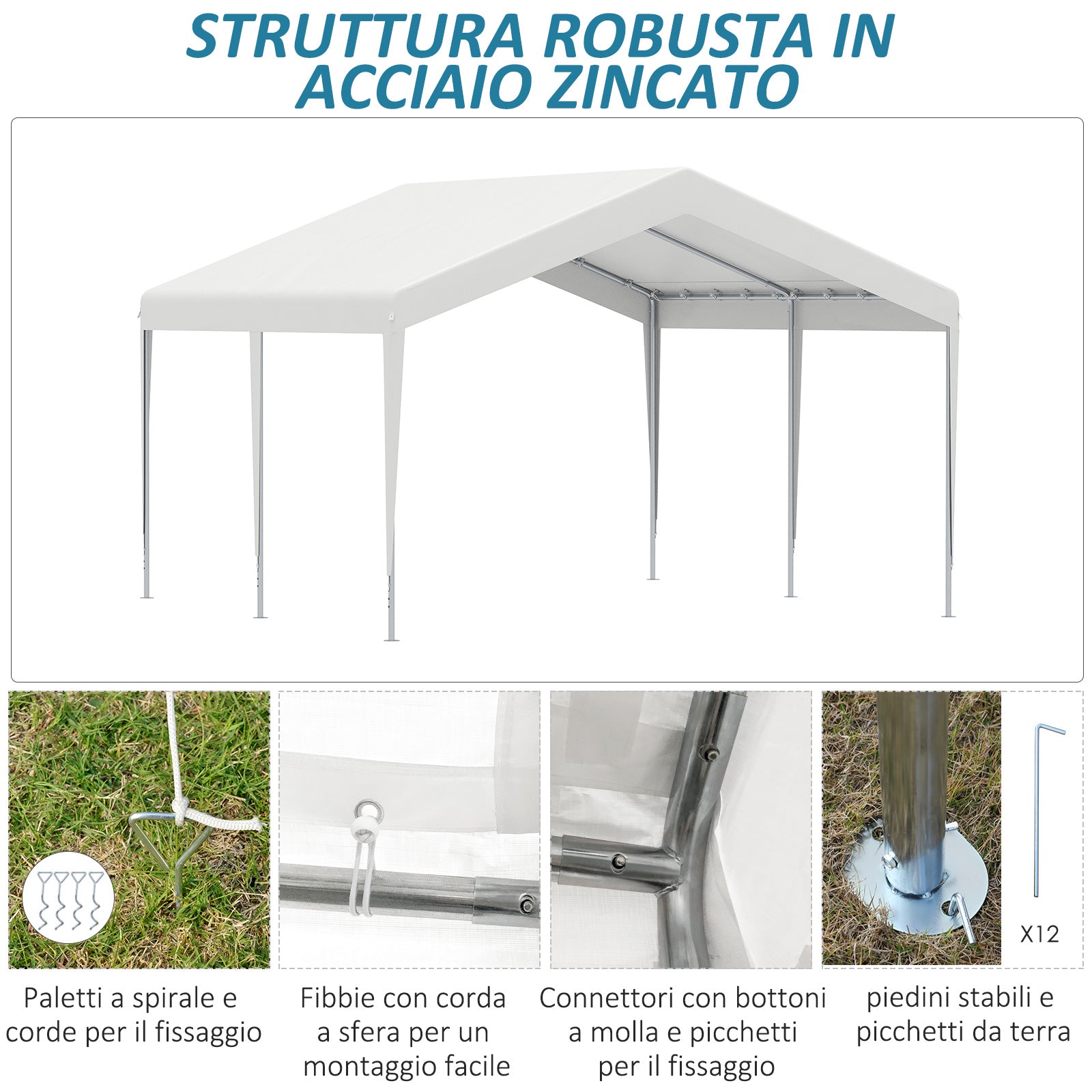 Portable Garage 4x4m with Canopy for Cars and Boats, Weddings, Parties, Garden Gazebo in Galvanized Steel, White