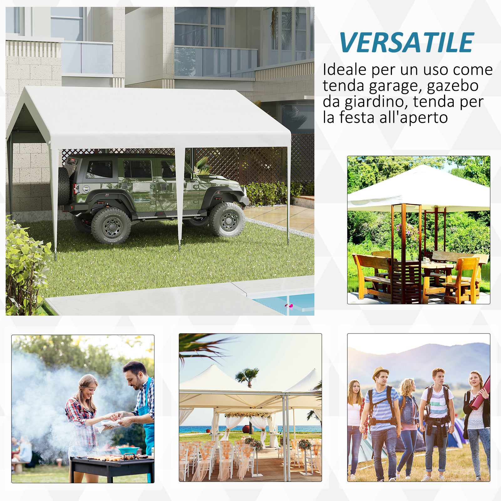 Portable Garage 4x4m with Canopy for Cars and Boats, Weddings, Parties, Garden Gazebo in Galvanized Steel, White