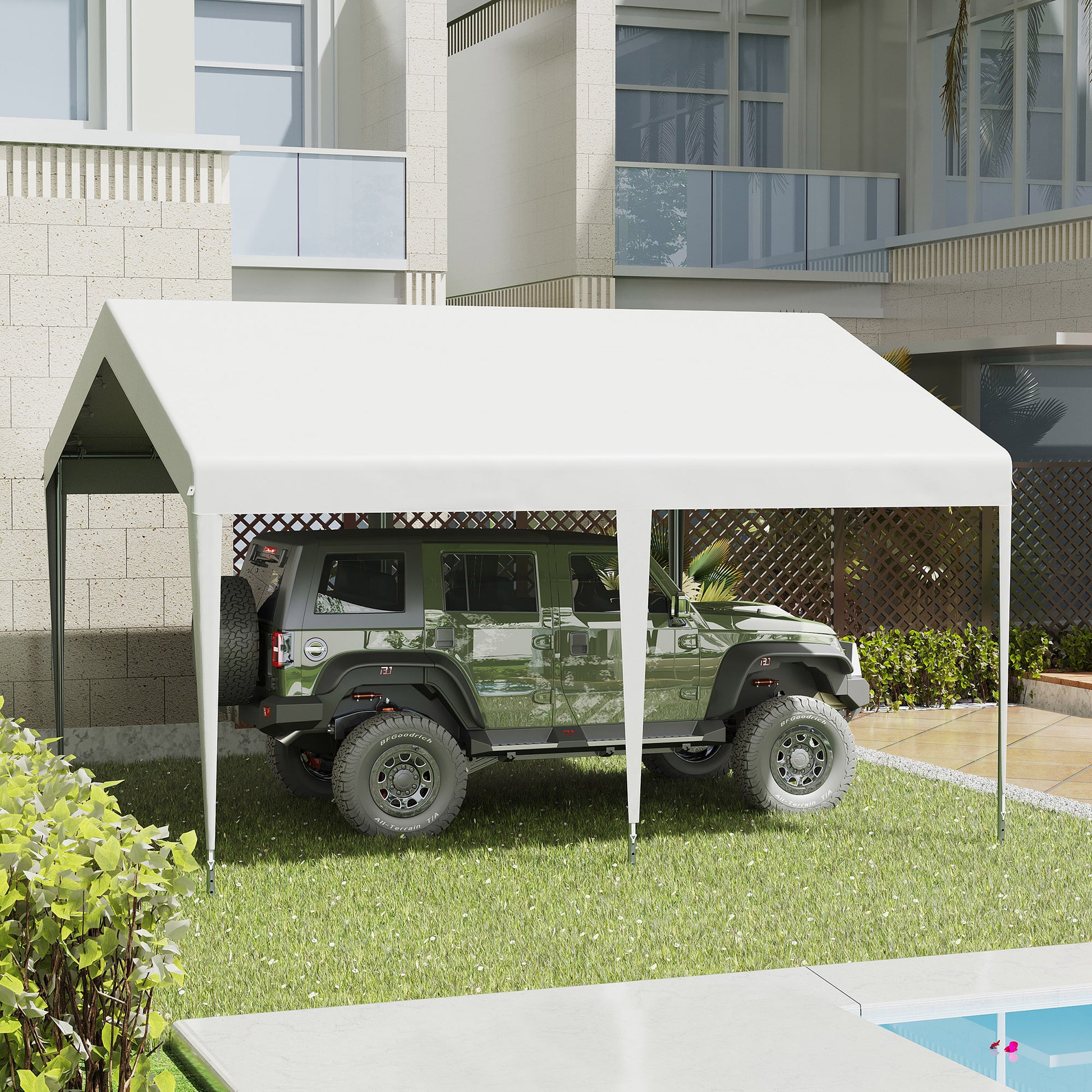Portable Garage 4x4m with Canopy for Cars and Boats, Weddings, Parties, Garden Gazebo in Galvanized Steel, White