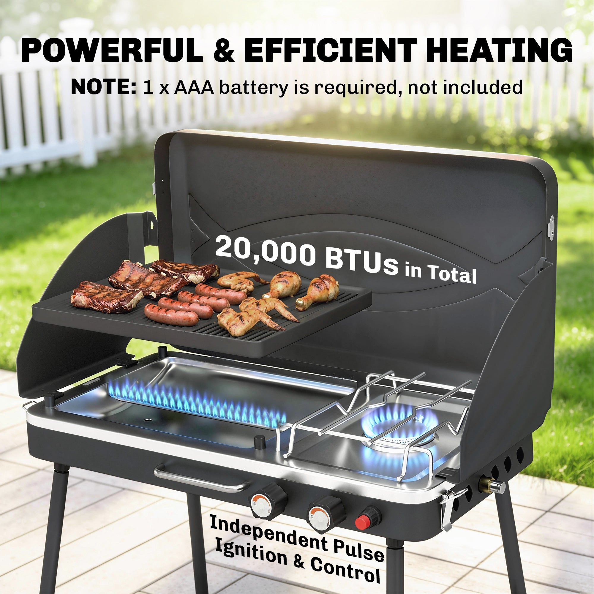Portable 2-Burner Gas Grill — 2-in-1 Tabletop & Stand, 20,000 BTU, Folding Legs, Nonstick Griddle, Windshield & Lid Latch — Camping BBQ