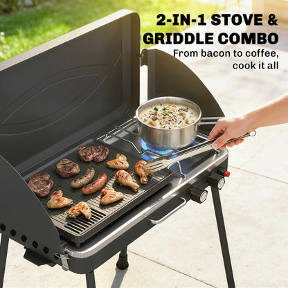 Portable 2-Burner Gas Grill — 2-in-1 Tabletop & Stand, 20,000 BTU, Folding Legs, Nonstick Griddle, Windshield & Lid Latch — Camping BBQ