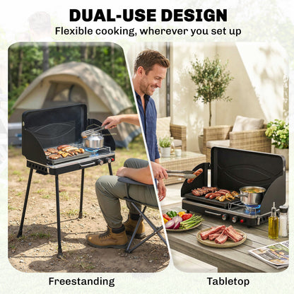 Portable 2-Burner Gas Grill — 2-in-1 Tabletop & Stand, 20,000 BTU, Folding Legs, Nonstick Griddle, Windshield & Lid Latch — Camping BBQ