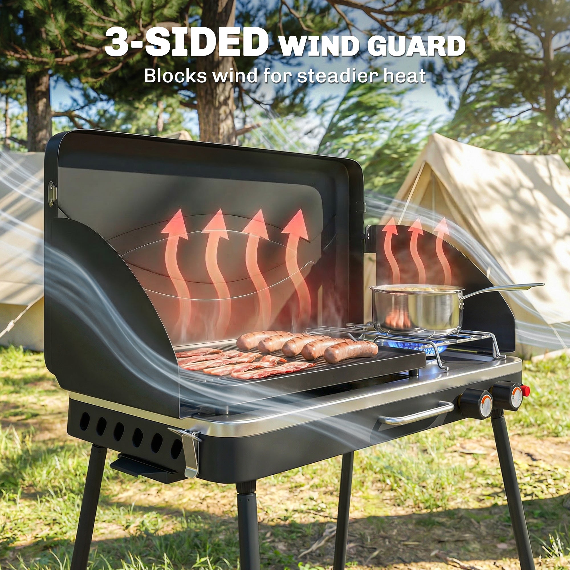 Portable 2-Burner Gas Grill — 2-in-1 Tabletop & Stand, 20,000 BTU, Folding Legs, Nonstick Griddle, Windshield & Lid Latch — Camping BBQ
