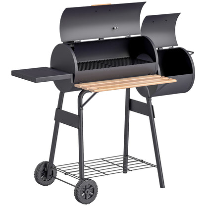 3-in-1 Charcoal Barbecue Smoker Charcoal Grill BBQ 124x53x104 cm with Thermometer and Wheels Wood Shelves Picnic Camping Outdoor