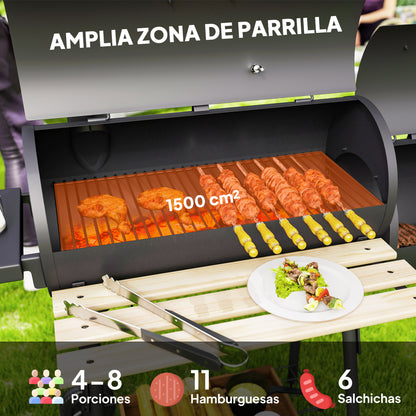 3-in-1 Charcoal Barbecue Smoker Charcoal Grill BBQ 124x53x104 cm with Thermometer and Wheels Wood Shelves Picnic Camping Outdoor